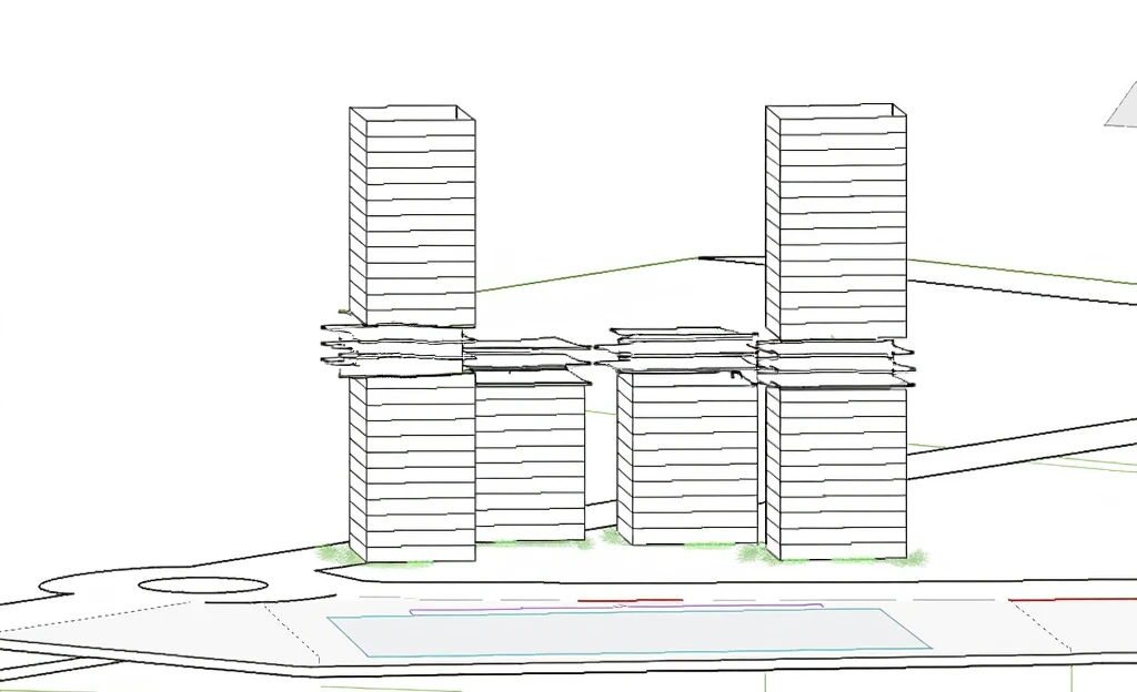 apartment combine mall under building, mall has curve shape with modern facade