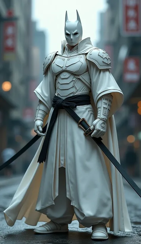 The Batman Knight of tomorrow, white armored jacket,black sash, white hakama, Black tabi, white zori, pure white half faceless, carry black japan traditional blade, battle in Gotham