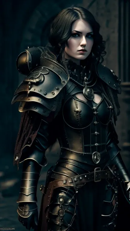 a goth girl, detailed face, piercing eyes, heavy gothic armor, medieval castle, dark moody colors, dramatic lighting, (best quality,4k,8k,highres,masterpiece:1.2),ultra-detailed,(realistic,photorealistic,photo-realistic:1.37),gothic,dark fantasy,intricate ...