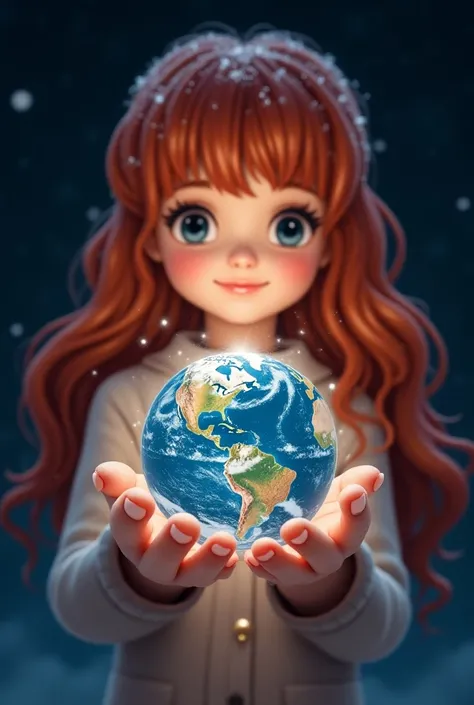 High resolution photo, the earth is a snow globe held in the delicate hands of a cute  with red hair, long wavy, voluminous hair, The cutest  you have ever seen, perfectly drawn, hands perfectly drawn, adorable face, perfectly drawn face, in space, seen fr...