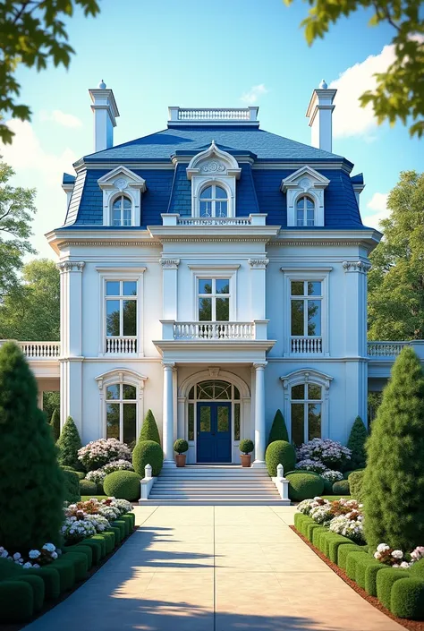  Create me a house with 2 floors,  blue mansard roof , Neoclassical style, 8m width 20m long ,  has 1 main block and 1 subblock , bright white wall , luxurious