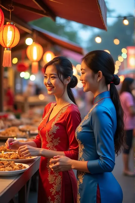 Two beautiful women dressed in traditional Thai outfits, one in a red Thai costume and the other in a blue one, both participating in the "Nang Noppamas" (Miss Noppamas) contest during the Loy Krathong festival. They are standing at their respective booths...