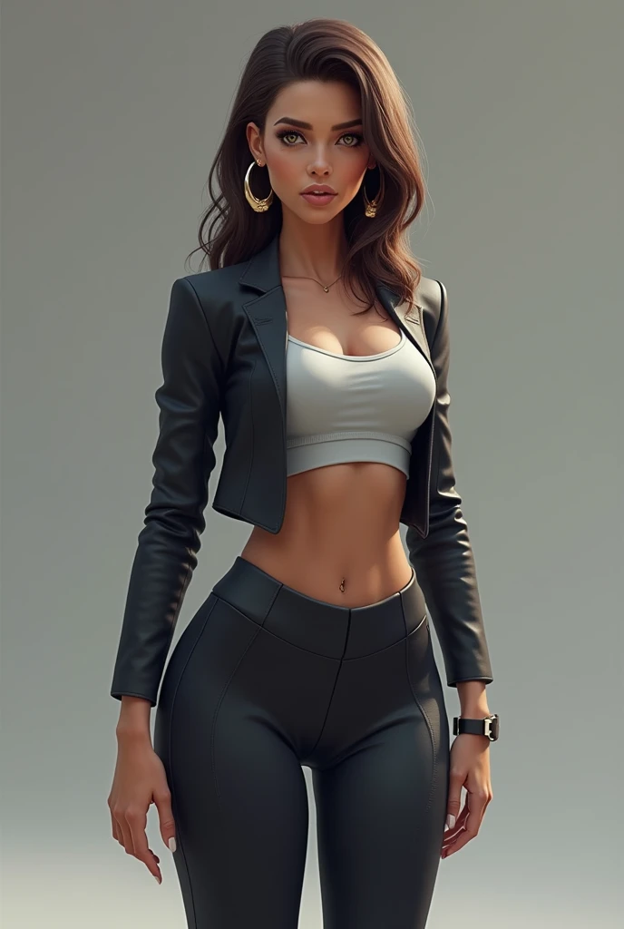 Design a female AI character with a strong, confident presence and a fit, toned physique that conveys vitality and self-assurance. The outfit should be chic and modern, highlighting her figure in a tasteful yet fashionable way. Think of an ensemble that co...