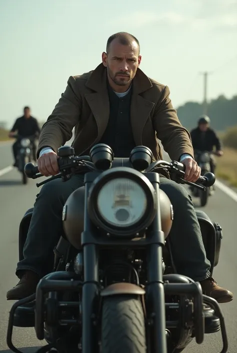 Kuba, Riding a heavy machine , Serious expression,  on a highway, following a group of boys behind , 後方跟著一群小弟