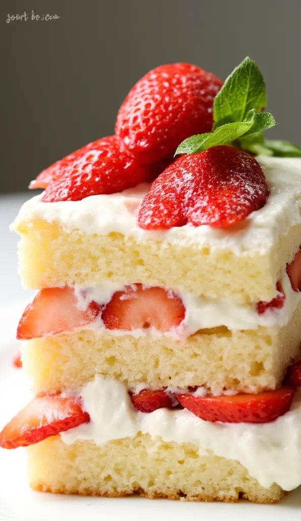 Ideal Strawberry Shortcake: a soft, fluffy sponge cake layered with light, airy whipped cream and topped with fresh, vibrant strawberries. Each layer of sponge is generously filled with sweet cream and slices of juicy strawberries, providing a delightful texture contrast. The top layer is adorned with whole strawberries glistening with a gentle glaze, and the edges are delicately dusted with powdered sugar. This elegant dessert, perfectly balanced between sweetness and freshness, sits on a fine white plate, with a garnish of mint leaves adding a touch of color