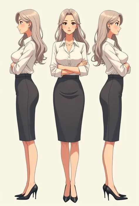 Create a image character desgin of anime lady teacher who is beautiful and not younger make older one and give 3 poses with full body