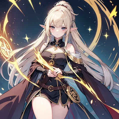 Eye patch、Witch costume、elf、grimoire、magic circle、A look that seems to be relaxed、Long Hair, chest, Blonde, ponytail, Pointy Ears, Highest quality, Snap your fingers、One Woman, Detailed face, Soft Lighting, Soft Light, Soft Focus, Perfect Face, Beautiful a...