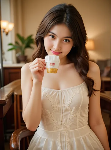 "A beautiful Thai woman wearing an elegant white lace dress, sitting gracefully in a luxurious home while sipping tea. She has a serene and attractive face, and in her other hand, she is holding up a tea sachet, displaying it elegantly. The setting is opul...