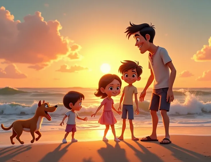 Disney Pixar  | |  Baby Girl, Short hair, shill,  1 big boy black hair, 
sea, sunset ,running dog,1 man,black guy ,Short hair,Black eyebrows,Big eyes, 1woman long hair ,ผิวสีแทนBig eyes,