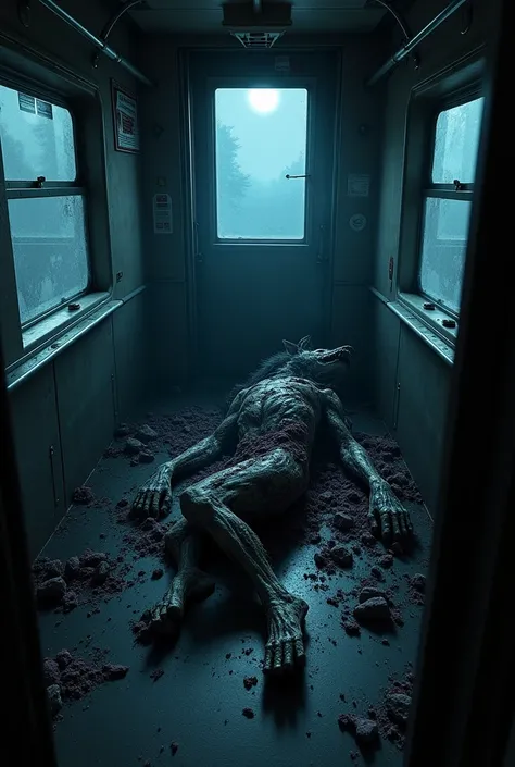 a werewolf burn body lay down inside the train at night ai image. 