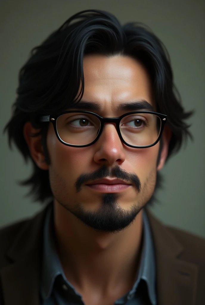 A shoulder-length hair man has an oval and chubby face using dark black eyeglass , bearded and thin-moustached  