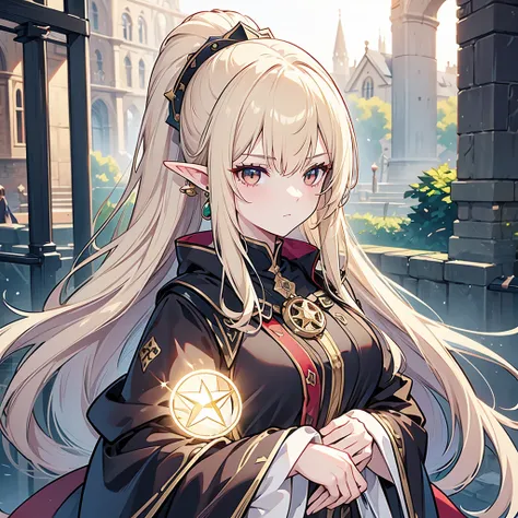 Eye patch、Witch costume、elf、grimoire、magic circle、A look that seems to be relaxed、Long Hair, chest, Blonde, ponytail, Pointy Ears, Highest quality, Snap your fingers、One Woman, Detailed face, Soft Lighting, Soft Light, Soft Focus, Perfect Face, Beautiful a...