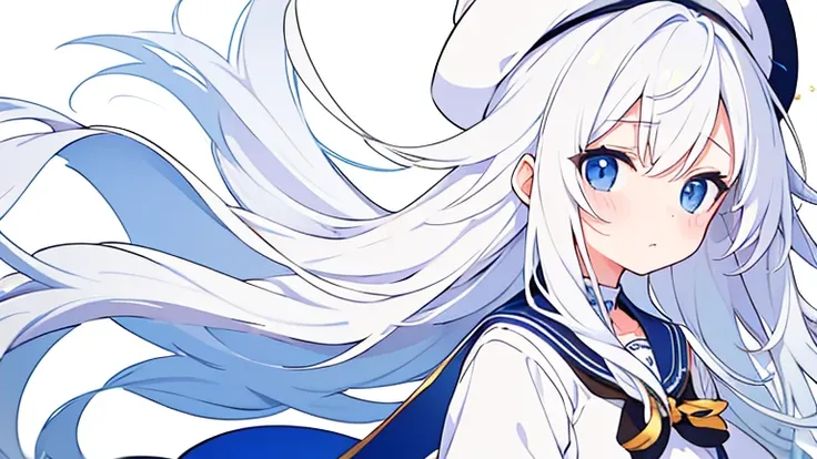 Pure white background、Anxious face、  white hat with gold decoration、Long white hair、Sailor&#39;   white uniform  