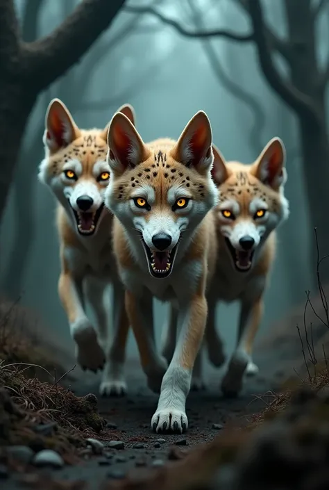 Tan and white with black spots sharp teeth glowing eye hybrid wolf puppys in forest scary long ears pups