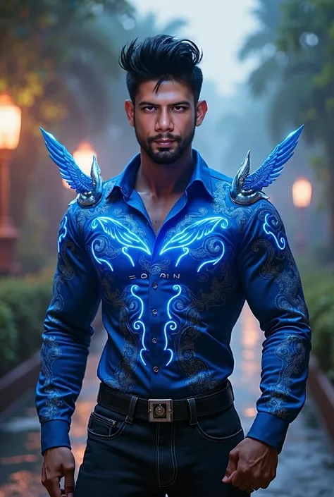 26 year old boy wearing science fiction cargo with devil like mechanical science fiction wings and black boots, having  short subltle pompadour black hair ,fair indian tone skin, looking directly into viewers eyes body with slight side view , resting sligh...