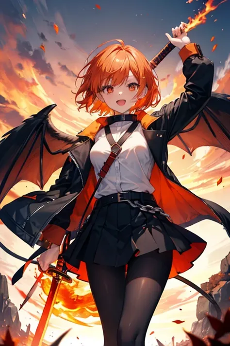 open clothes, chained,shibari over clothes, panties under pantyhose, fire, flame, explosion, flaming weapon, 1girl, torch, burning, flaming sword, breathing fire, campfire, pyrokinesis, molten rock, embers, open mouth, orange sky, sunset, fiery hair, holdi...