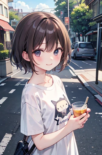 （Cute sister:1.3）、 smile,Summer atmosphere、T-Shirts、Brown Hair、　(.3), big chest、