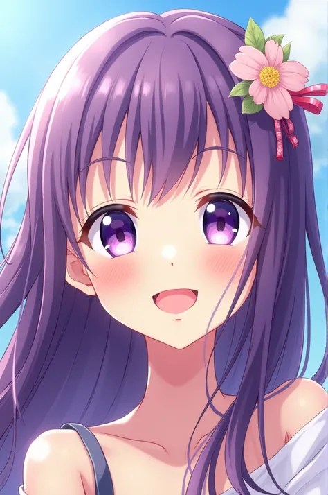 Smiling Anime girl with purple eyes and purple hair