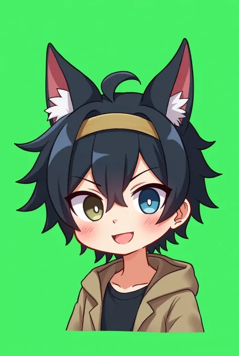 male,chibi,black hair,wolf hairband,green screen blackgound