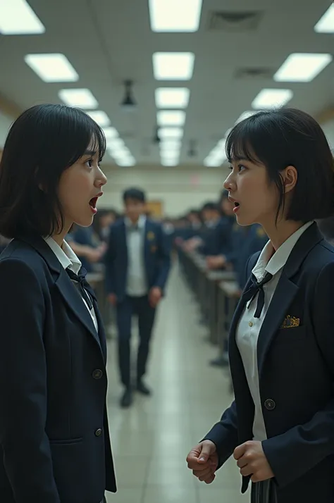 Photorealism 1:2
Three school girls in uniform angry and yelling in front of a school cafeteria 