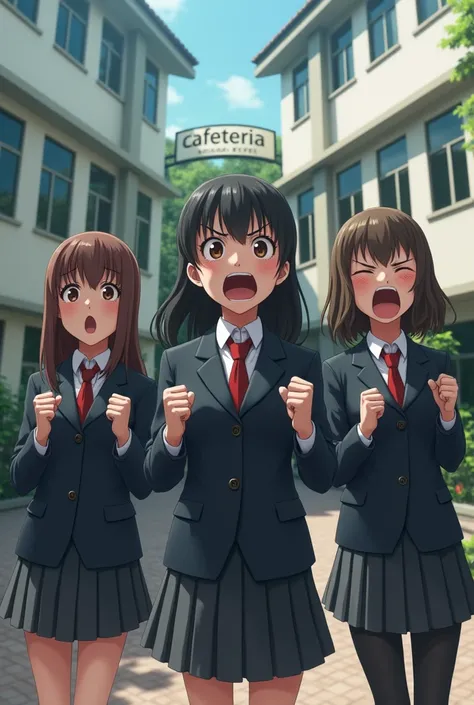 Photorealism 1:2
Three little school girls in uniform angry and yelling in front of a school cafeteria 