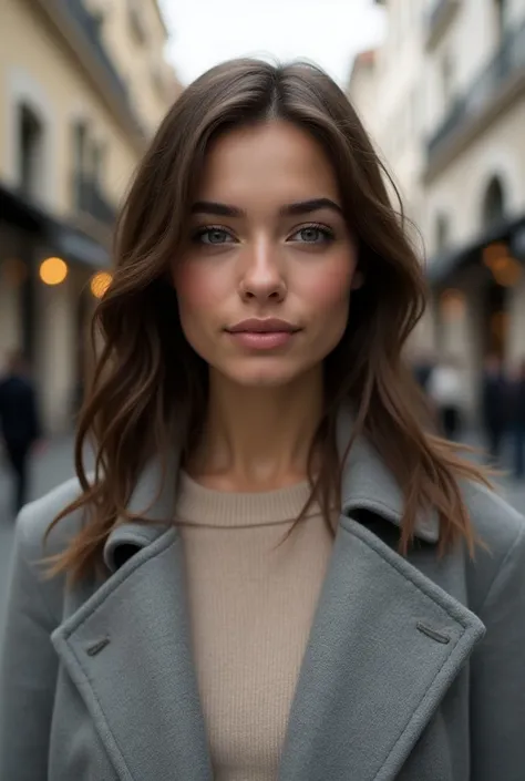 "Portrait hyperréaliste dune femme denviron 30 ans, debout dans un décor urbain moderne en extérieur. Elle a des cheveux bruns ondulés, légèrement ébouriffés par le vent, tombant jusquaux épaules. Sa peau est légèrement bronzée, avec des traits subtils dex...