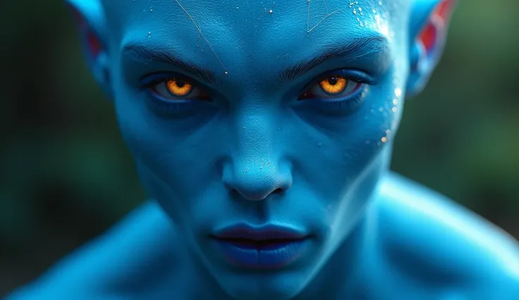 a blue alien human sexy young man on earth. close picture.