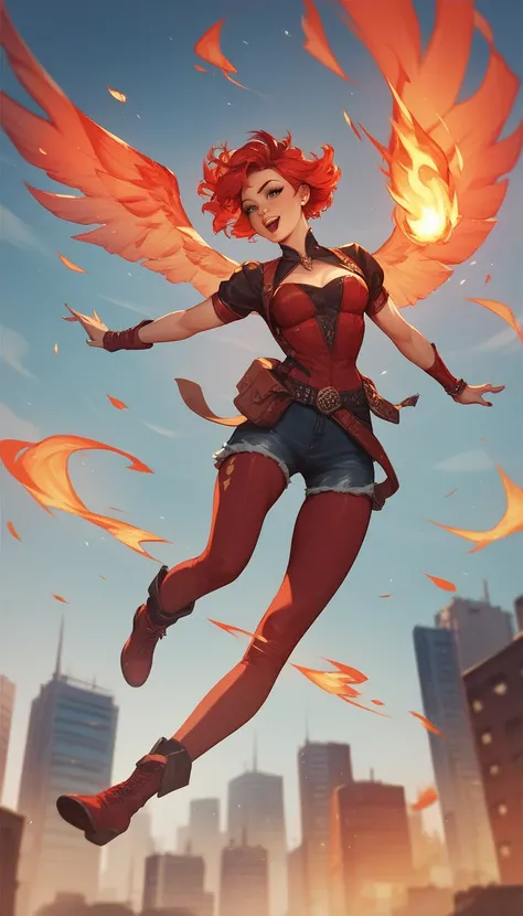 woman,lina, short hair, flying over city, fire, red glow