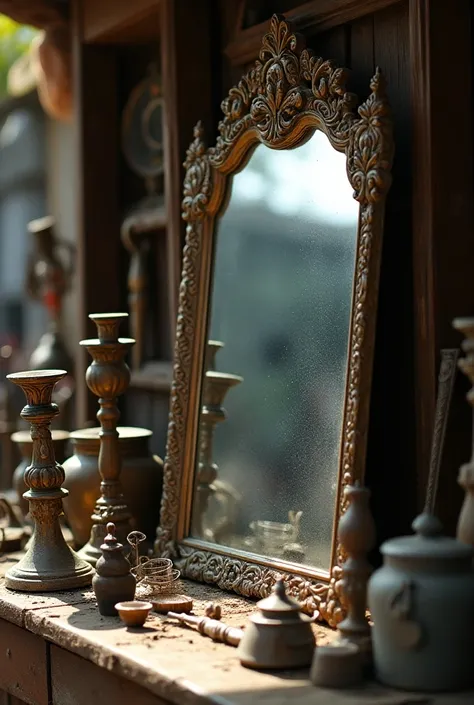 
a closeup of a dusty stall full of metal antiques and an intricate silver mirror among them at an antique fair