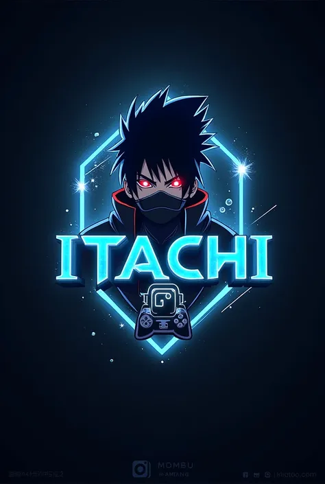 This is a gaming logo that features the name "ITACHI" in a futuristic font in capital letter and a neon blue color. and boy ninja Anime avtar, The logo also has a stylized controller icon and a instagram log in the background. The logo is designed to be at...