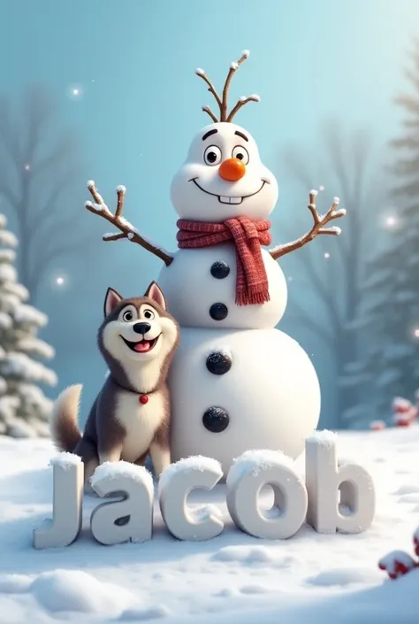 Snowman with Husky dog brown with white on the side and underneath them the name JACOB in large 