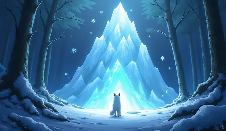 Anime image : One day, deep in the heart of the forest, Nixie A little white snow fox with icy blue eyes , found herself in front of a giant, ancient glacier. It sparkled with an eerie light, but no one had ever dared go near it. The Blizzard Crystal, she ...