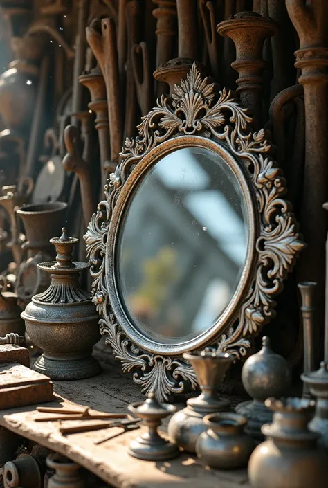 
a closeup of a dusty stall full of metal antiques and an intricate silver mirror among them at an antique fair