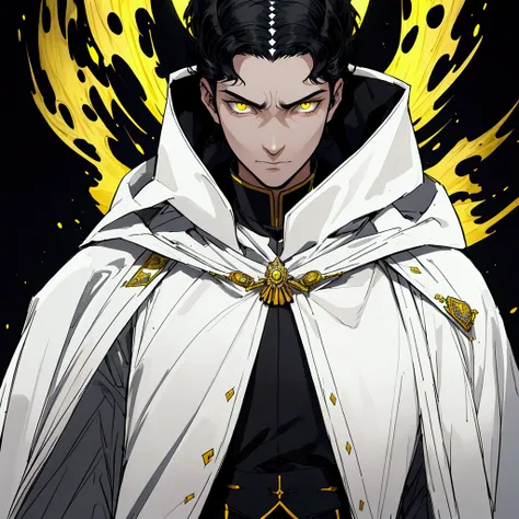 ((Man with imperial uniform)), mage, right hand showing white magic, short black hair, glowing yellow eyes, white skin, simple background, black coat on shoulders like a cape, ((one person))