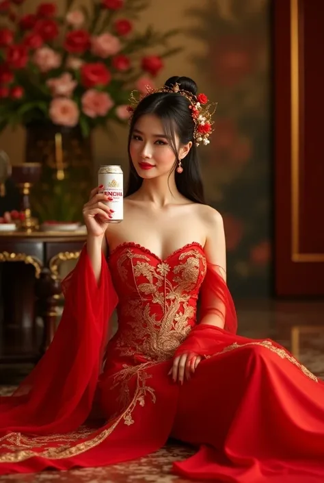 "A beautiful woman with ancient oriental charm, dressed in a luxurious red and gold phoenix-embroidered wedding dress, sits elegantly with a frontal posture, holding a can "SINGHA" THE ORIGINAL THAI BEER in one hand. The focus is on the can, while she is s...