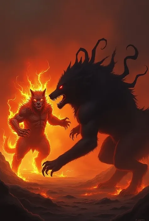 "Create an image featuring a Flameprowler and a Dreadhowl in a fierce confrontation, both displaying an intense, enraged demeanor. The Flameprowler is a large feline-like beast wreathed in flames, with fiery fur that flickers and crackles, ember-like eyes ...