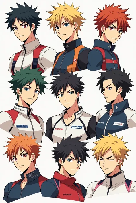 Create anime character design sheet of 7 anime teenager boys who are going to race with normal decent look and full body 