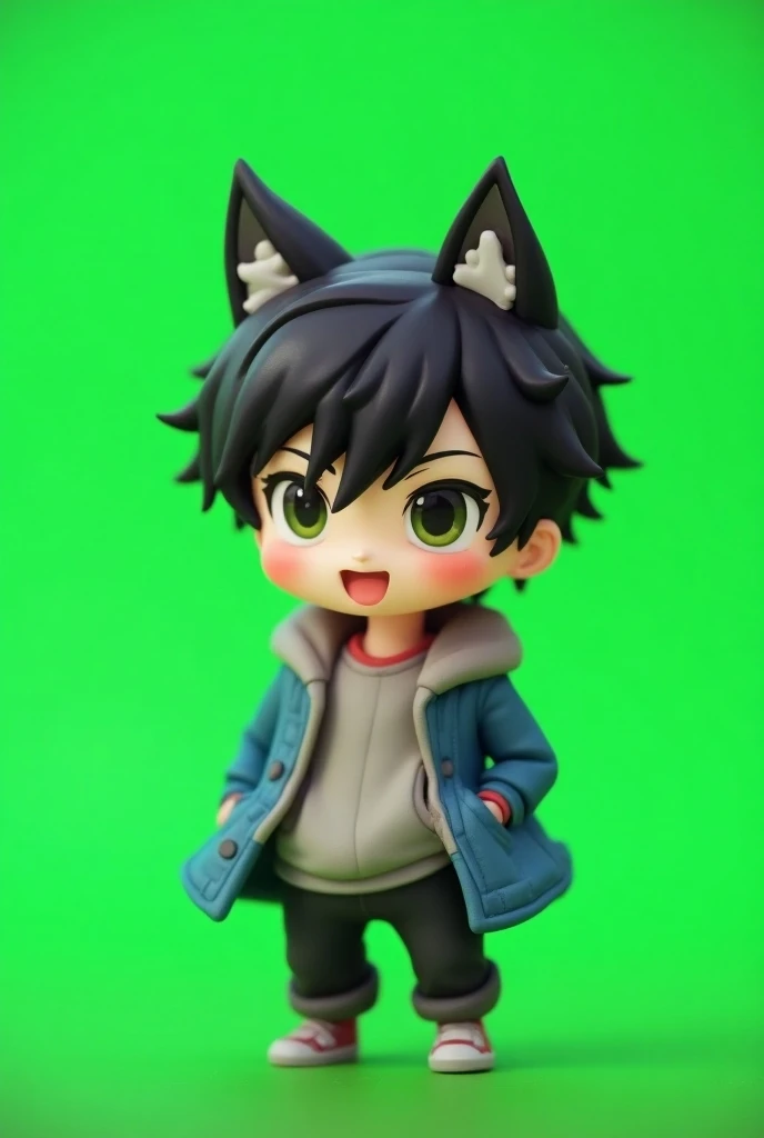 male,chibi,black hair,wolf hairband,green screen blackgound