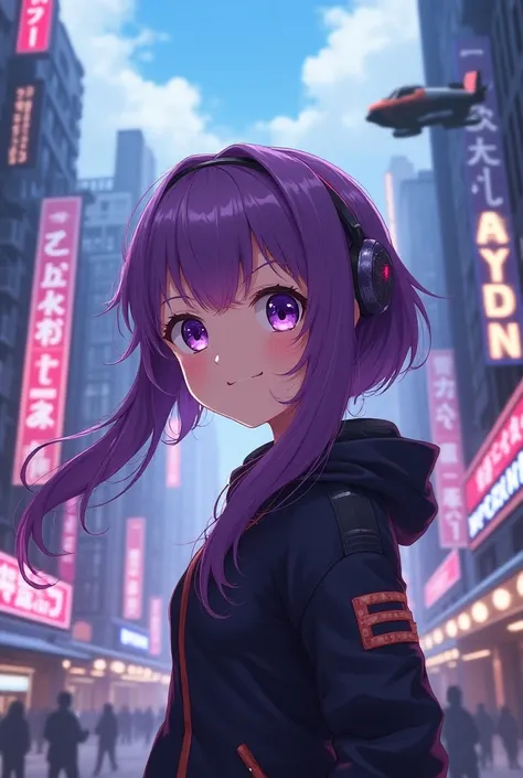 Smiling Anime girl with purple eyes and purple hair, cyberpunk style