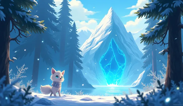 Anime image : One day, deep in the heart of the forest, Nixie A little white snow fox , found herself in front of a giant, ancient glacier. It sparkled with an eerie light, but no one had ever dared go near it. The Blizzard Crystal, she had heard, was said...