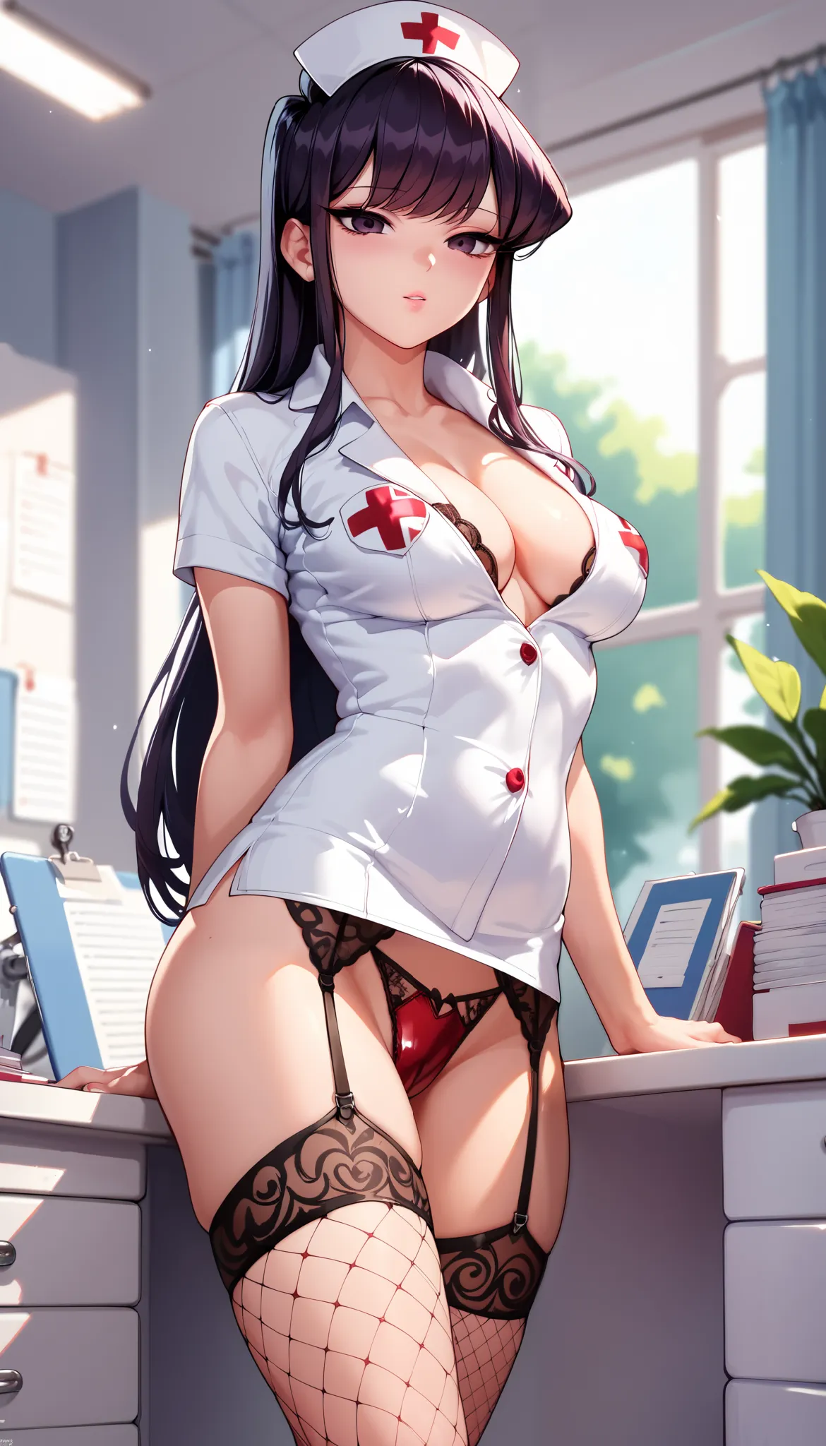 sexy komi shouko with long hair, wearing black nurse uniform, in her office, legs in red fishnet stockings, garter belt, latex u...