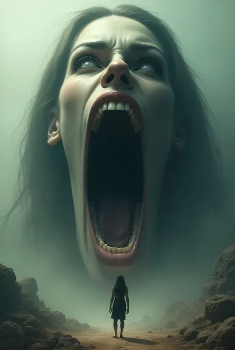 A giant woman opens her mouth and wants to swallow me 