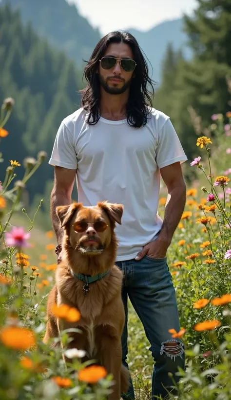 A very handsome man with long black hair, sunglasses, and his dog look at the camera. The man is wearing jeans and a white t-shirt, and they are surrounded by a beautiful landscape of forest, tall grass, trees, and colorful flowers. Highly detailed 8K high...