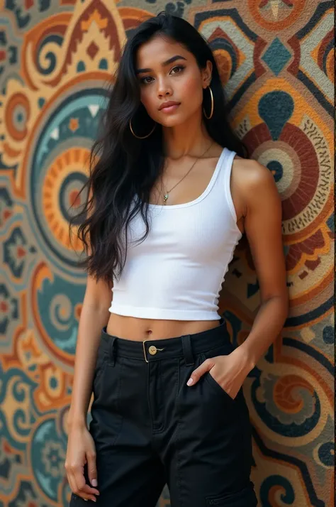 Indonesian beautiful woman stands confidently against an intricately patterned backdrop. She has long, flowing hair and wears a simple white tank top paired with black, stylish cargo pants. One hand rests on her hip while the other is raised, framing her f...