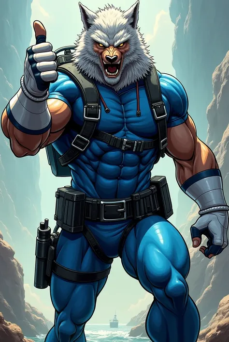 (A rugged beefy very muscular bulky serious wolf man), (wearing blue wetsuit), thumbs up pose, wearing bulky scuba gear, muscular physique, toned muscles, fierce, heroic, action, comic artstyle, bulky best quality, wearing white rubber gloves. wearing gun ...