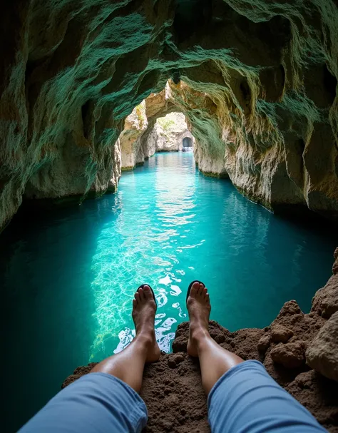 First person perspective, looking down, Stand and look at your feet, only feet visible, standing next to a cenote the entrance. Beautiful views of the Cenote from the Cenote entrance