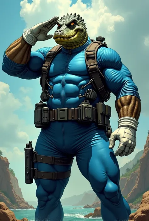 (A rugged beefy very muscular bulky serious crocodile old man), (wearing blue wetsuit), saluting, wearing bulky scuba gear, muscular physique, toned muscles, fierce, heroic, action, comic artstyle, bulky best quality, wearing white rubber gloves. wearing g...