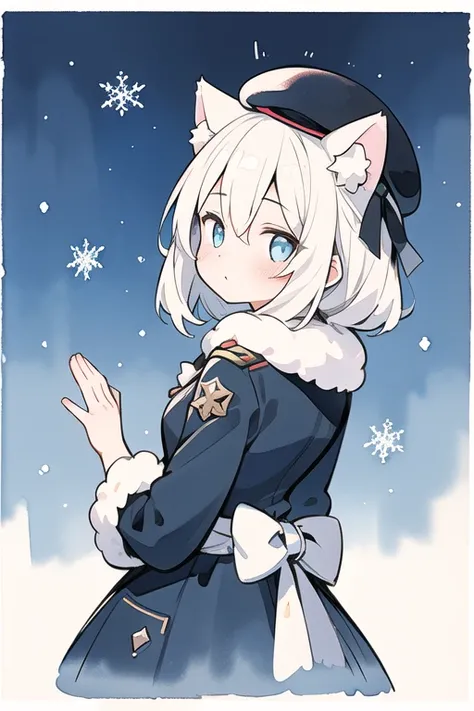  Super detailed, (  Fluffy Russian Beret with Top Quality Illustration ), 8k,  ultra high resolution,  Cowgirl Shot  , ❄️ BACKGROUND  , cat ears、shy、  are embarrassing 、perspective、Kamimei、  upper body、((  1 girl 、On))  Fluffy Russian Beret ((((8k、))))、loo...