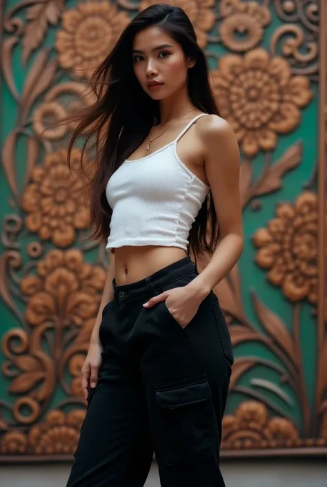 Indonesian beautiful woman stands confidently against an intricately patterned backdrop. She has long, flowing hair and wears a simple white tank top paired with black, stylish cargo pants. One hand rests on her hip while the other is raised, framing her f...