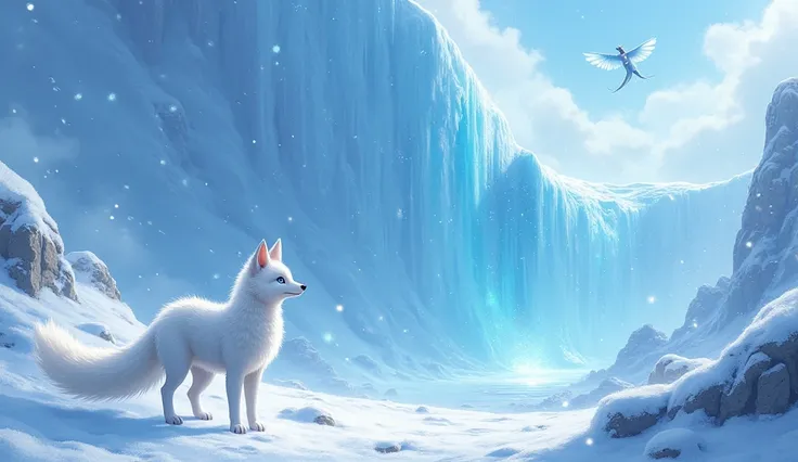 Anime image : Nixie A little white snow fox with icy blue eyes, standing in awe before a giant, sparkling glacier. The Blizzard Crystal is shining in the distance, guarded by a fearsome Ice Dragon with shimmering scales and fiery eyes. 